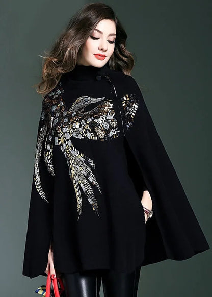 Black Turtle Neck Sequins Knit Sweater Cloak Sleeves