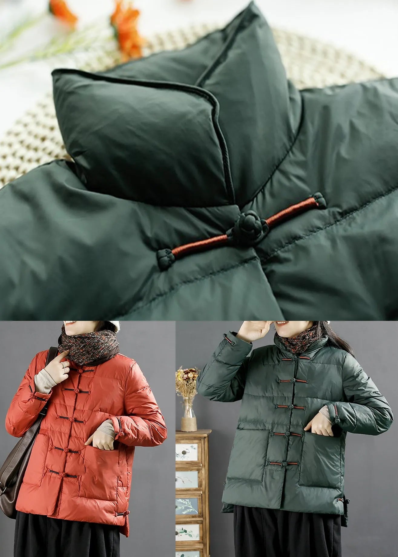 Green Button Pockets Duck Down Coats Long Sleeve