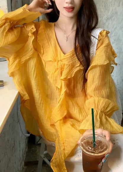 French Yellow Ruffled Cozy Shirt Flare Sleeve