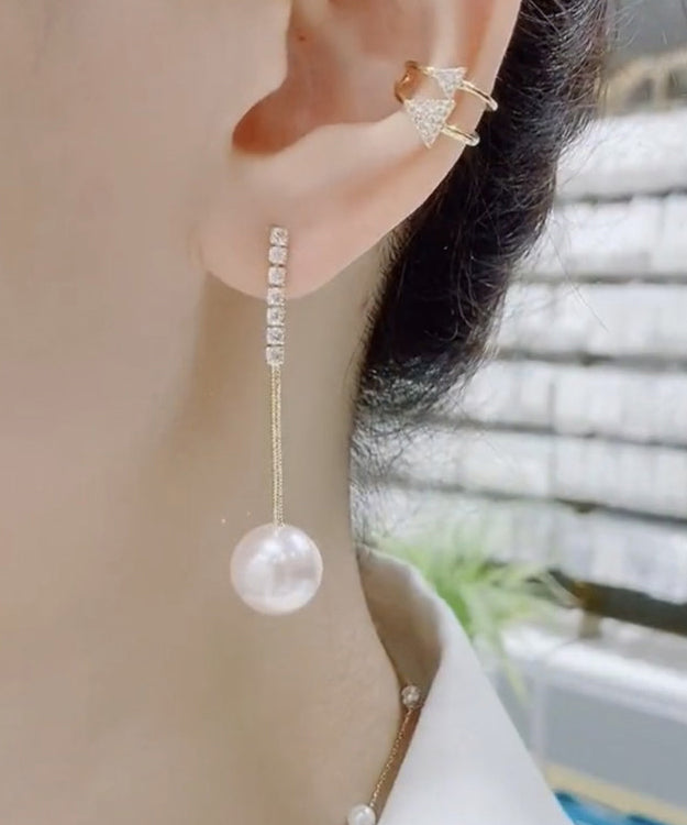 Gold Sterling Silver Overgild Zircon Pearl Tassel Drop Earrings