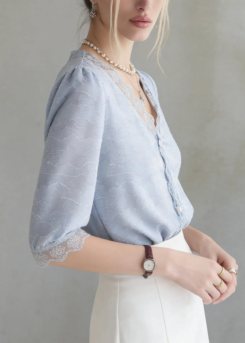 Blue V Neck Lace Patchwork Cotton Top Summer