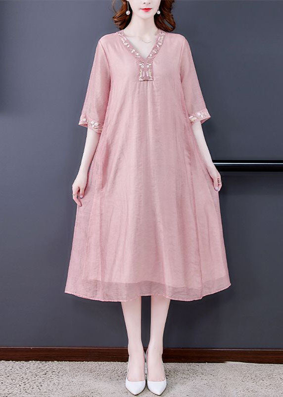 Pink V Neck Embroideried Cotton Vacation Dresses Summer