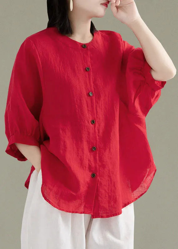 Art White Flowers O-neck Button Linen Loose Shirt Top Lantern Sleeve