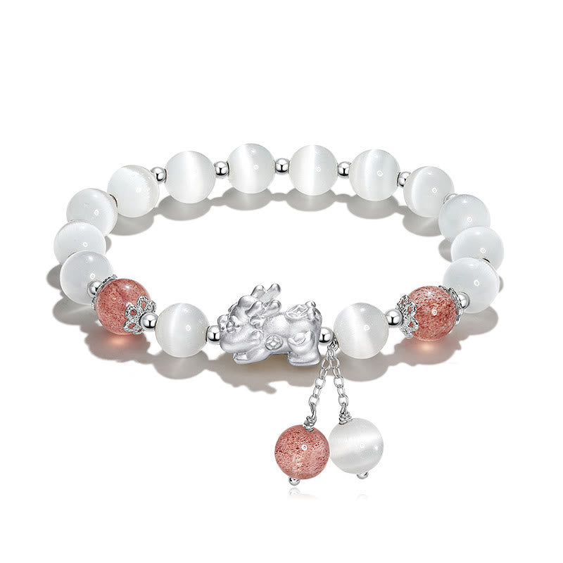 Buddha Stones Natural Cat's Eye Moonstone Strawberry Quartz Pixiu Support Bracelet