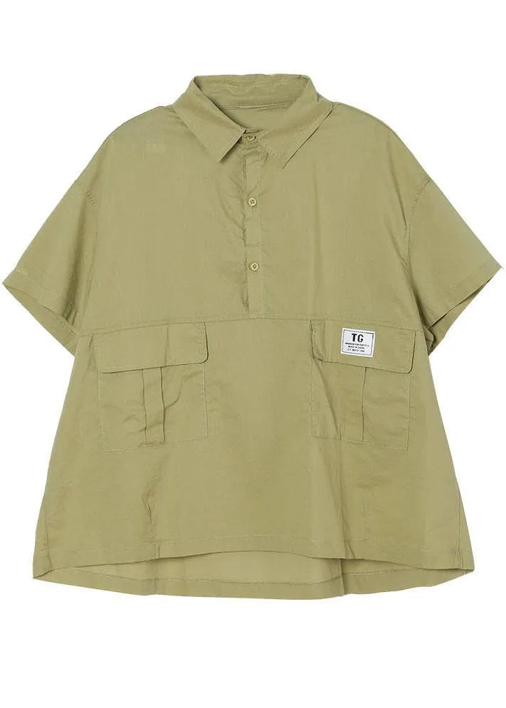 Green Pockets Cotton Blouse Tops Short Sleeve