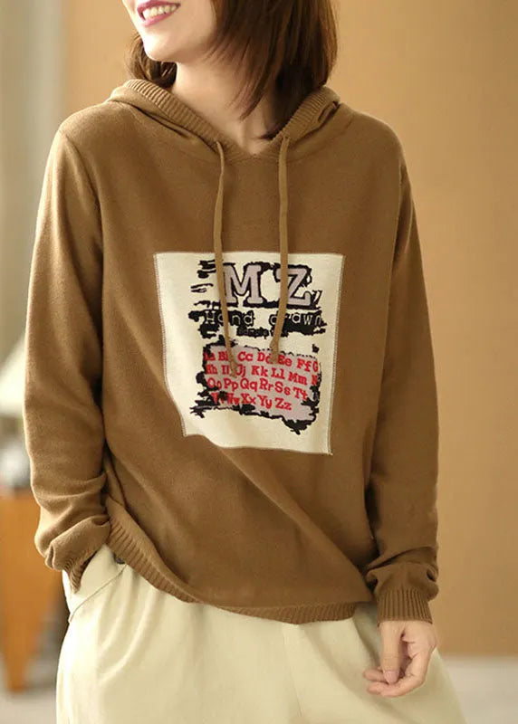 Khaki Hooded Drawstring Print Fall Knit Sweater