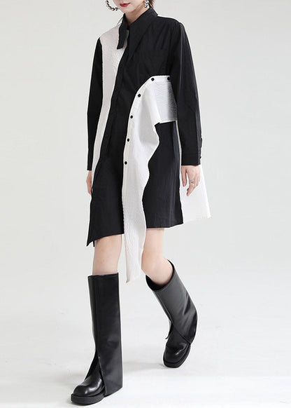 Black Asymmetrical Design Patchwork Fall Dresses Long Sleeve