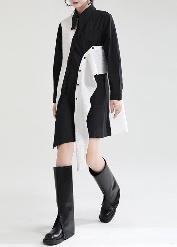 Black Asymmetrical Design Patchwork Fall Dresses Long Sleeve