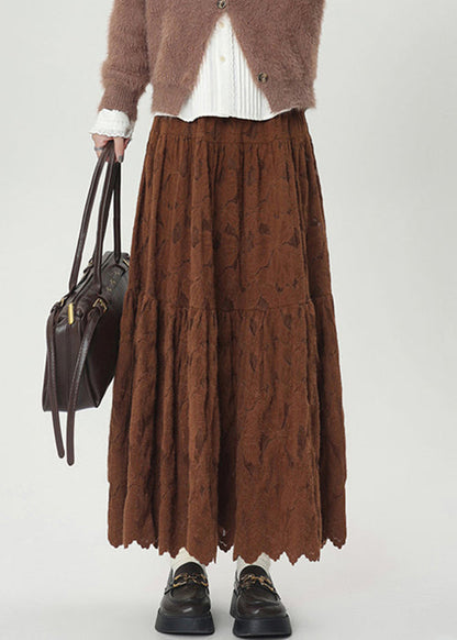 Coffee Elastic Waist Lace Warm Fleece Skirts Winter