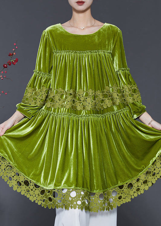 Handmade Grass Green Oversized Patchwork Silk Velour Dresses Spring