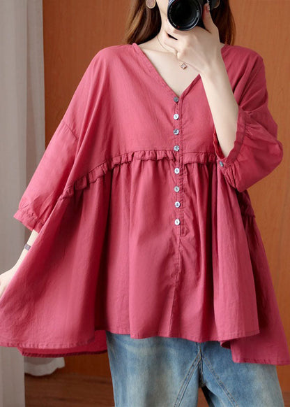 Rose V Neck Button Asymmetrical Design Ruffled Fall Shirt Half Sleeve