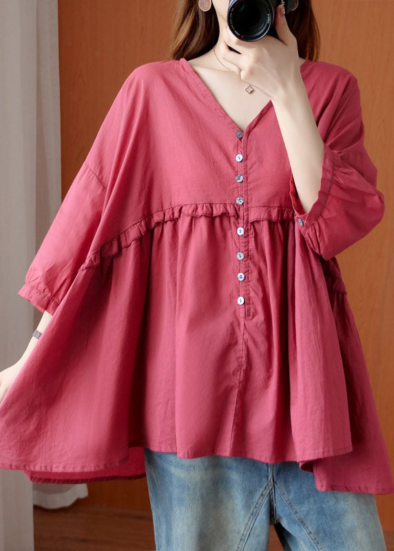 Rose V Neck Button Asymmetrical Design Ruffled Fall Shirt Half Sleeve