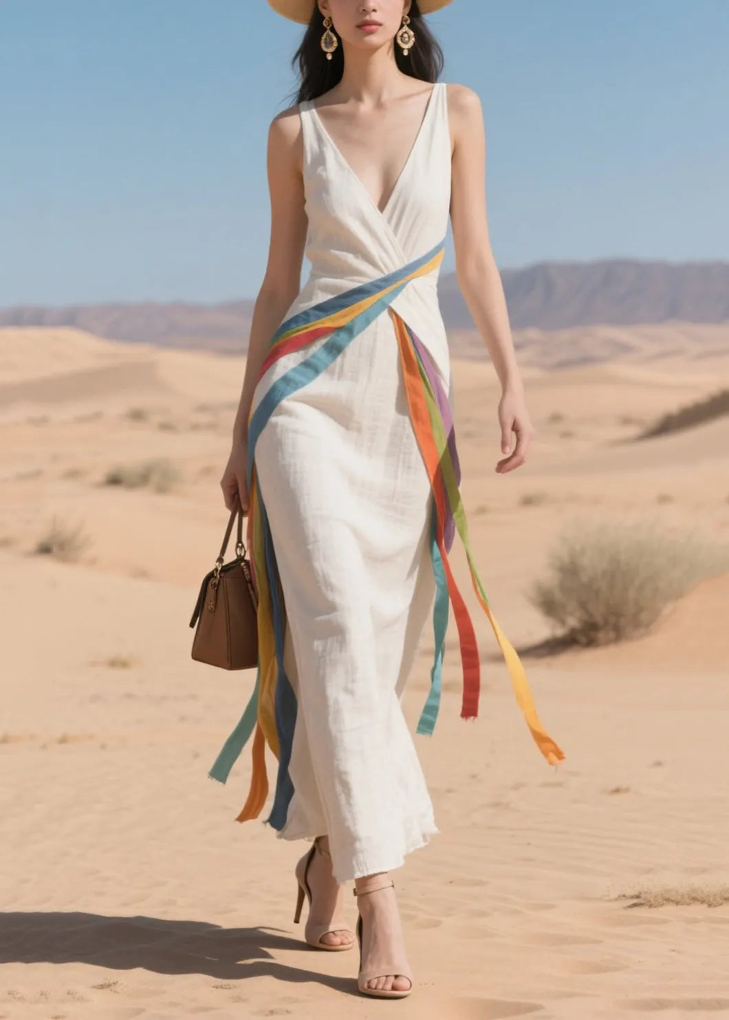 Multicolour Ribbon Asymmetrical Design Cotton Dress Summer