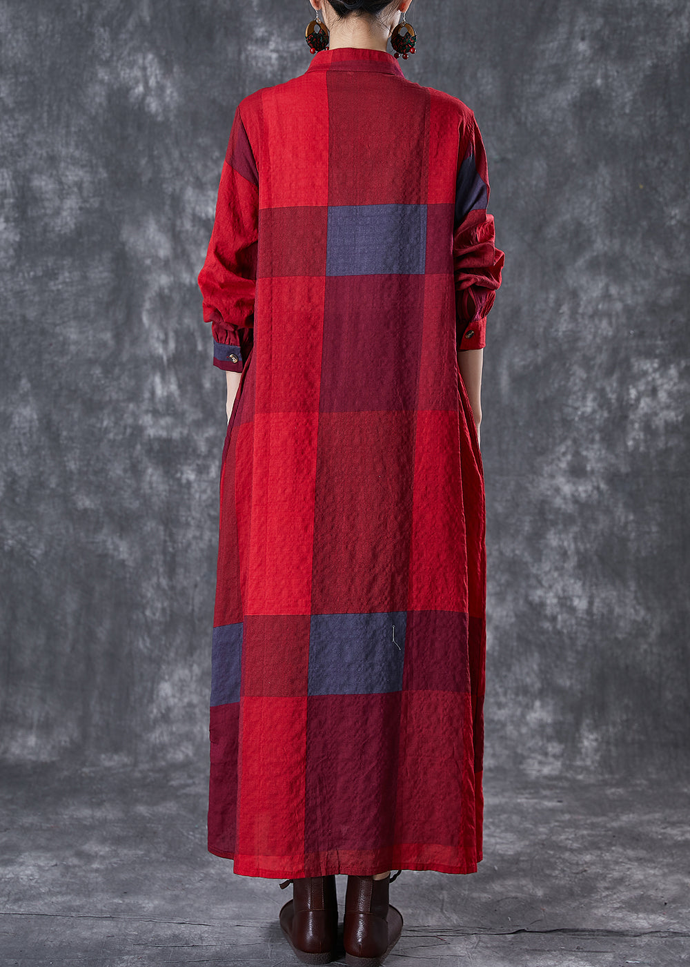 Red Stand Collar Print Linen Long Dresses Fall