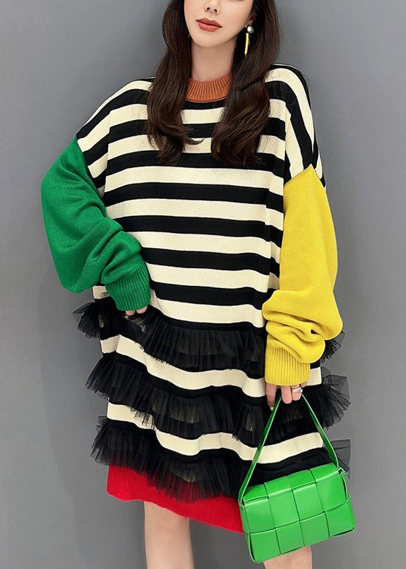 Striped O Neck Tulle Patchwork Cotton Knit Mid Dress Fall