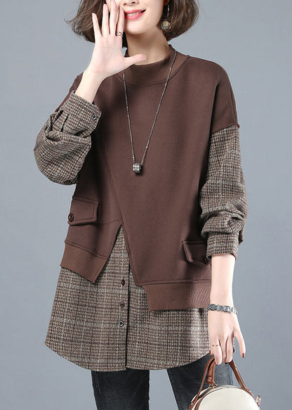 Chocolate Colour O-neck Patchwork Fake Two Pieces Sweatshirt Long Sleeve