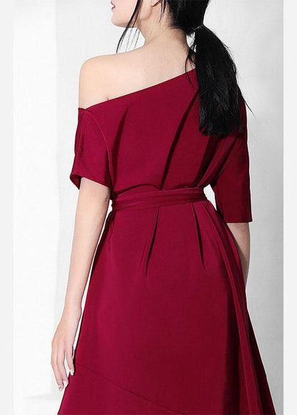 French Mulberry One Shoulder Asymmetrical Design Tie Waist Dresses Summer