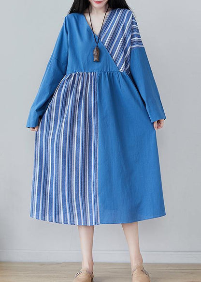 Handmade Blue Striped Tunics for V Neck Patchwork Traveling Spring Dresses