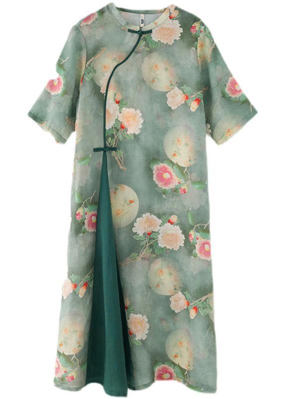 Stylish Green Print O-neck Asymmetrical Design Dress Summer Ramie