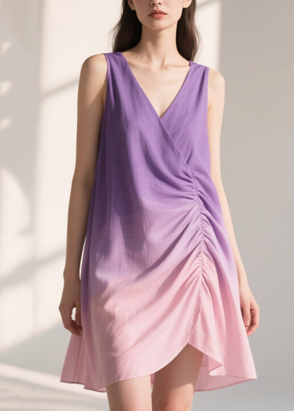 Gradient Purple Wrinkled Cotton Sun Dresses Summer