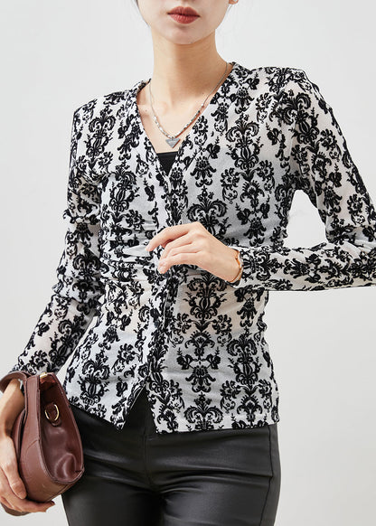Black Jacquard Silm Fit Cotton Blouses Spring