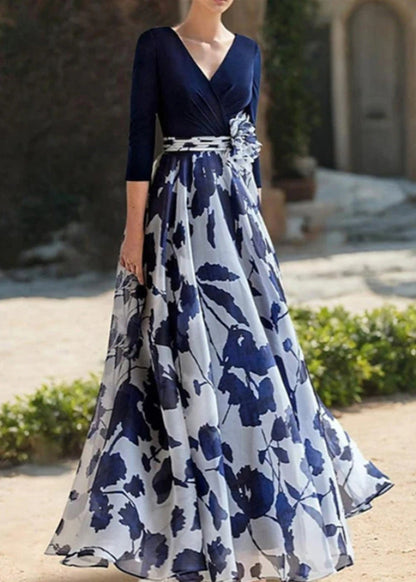 Rose V Neck Print Chiffon Long Dresses Spring