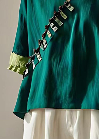 French Green V Neck Patchwork Cotton Shirts Half Sleeve