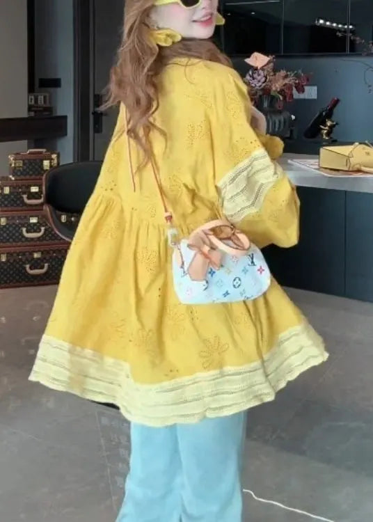 Yellow V Neck Patchwork Cotton Blouse Tops Lantern Sleeve