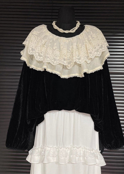 Fine Black Peter Pan Collar Patchwork Lace Silk Velour Shirt Fall