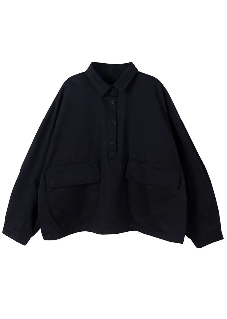 Style Black Peterpan Collar Pockets Button Fall Shirts Long Sleeve