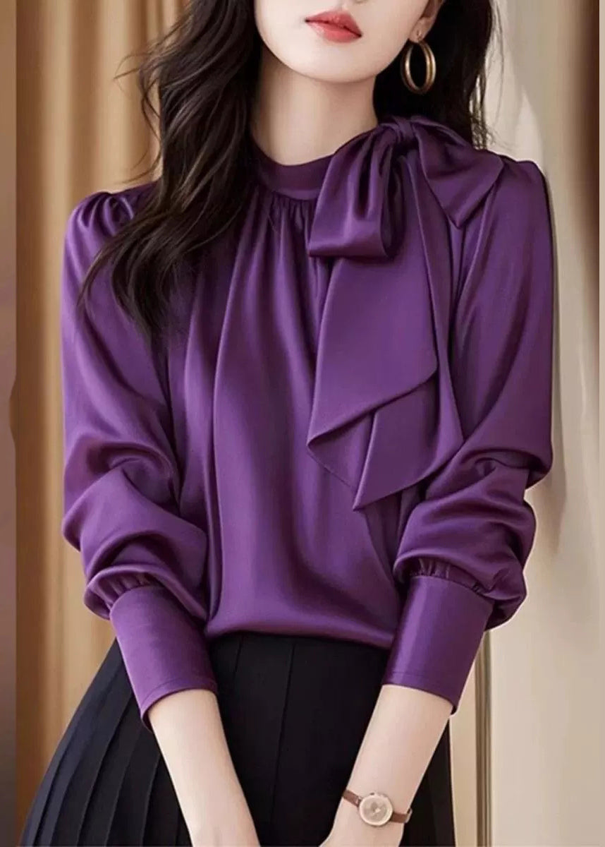 Slim Fit Purple Lace Up Silk Blouses Fall