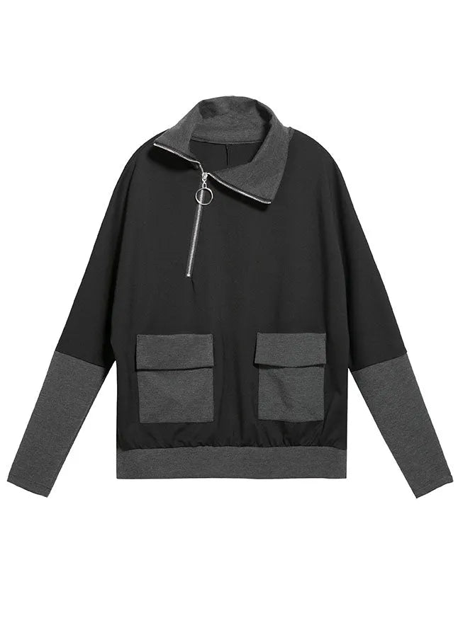 Organic Black Asymmetrical Design Zippered Pockets Patchwork Fall Top Long Sleeve