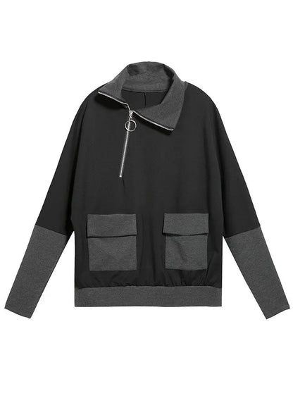 Organic Black Asymmetrical Design Zippered Pockets Patchwork Fall Top Long Sleeve