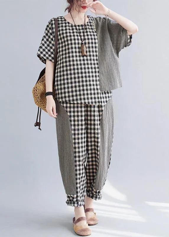 Small Grid Patchwork Asymmetrical Design Two Piece Set Clothing