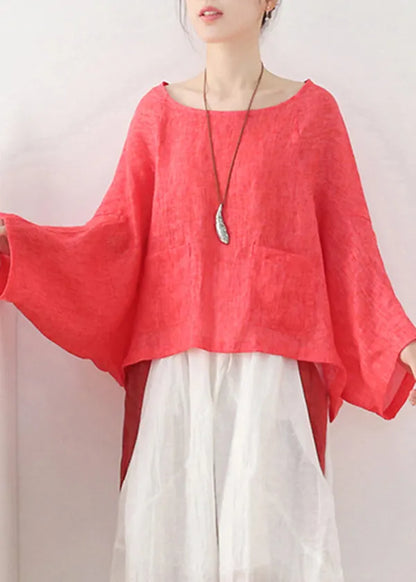 Red O-neck Linen Pullover Sweatshirt Batwing Sleeve