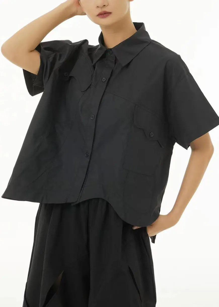 Black Asymmetrical Design Oversized Cotton Shirt Tops Summer