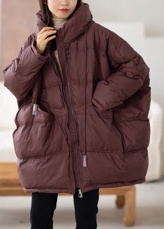 Chocolate Hooded Oversized Drawstring Thick Canada Goose Jacket Batwing Sleeve Winter
