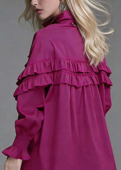 Loose Rose Ruffled Button Cotton Blouse Lantern Sleeve