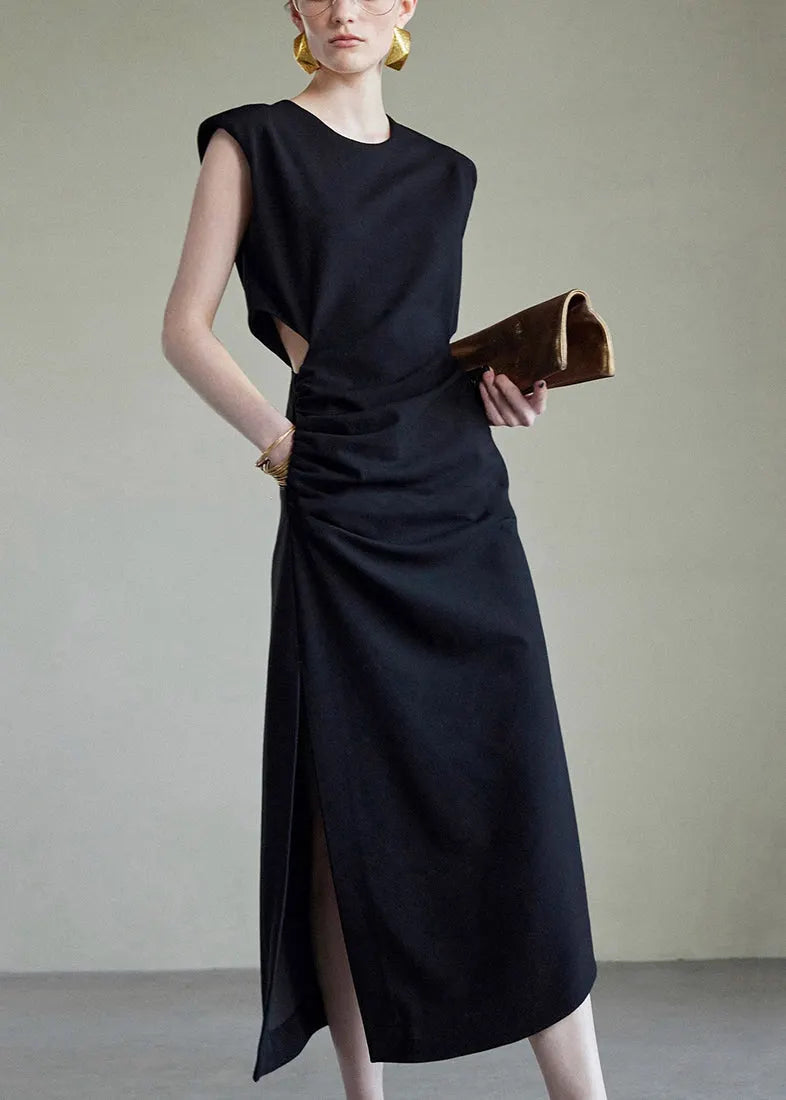 Black Hollow Out Side Open Cotton Long Dress Summer