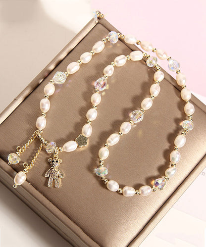 Champagne Alloy Inlaid Pearl Gem Stone Little Bear Charm Bracelet