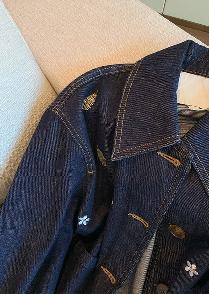 Navy Peter Pan Collar Embroidered Denim Coat Fall