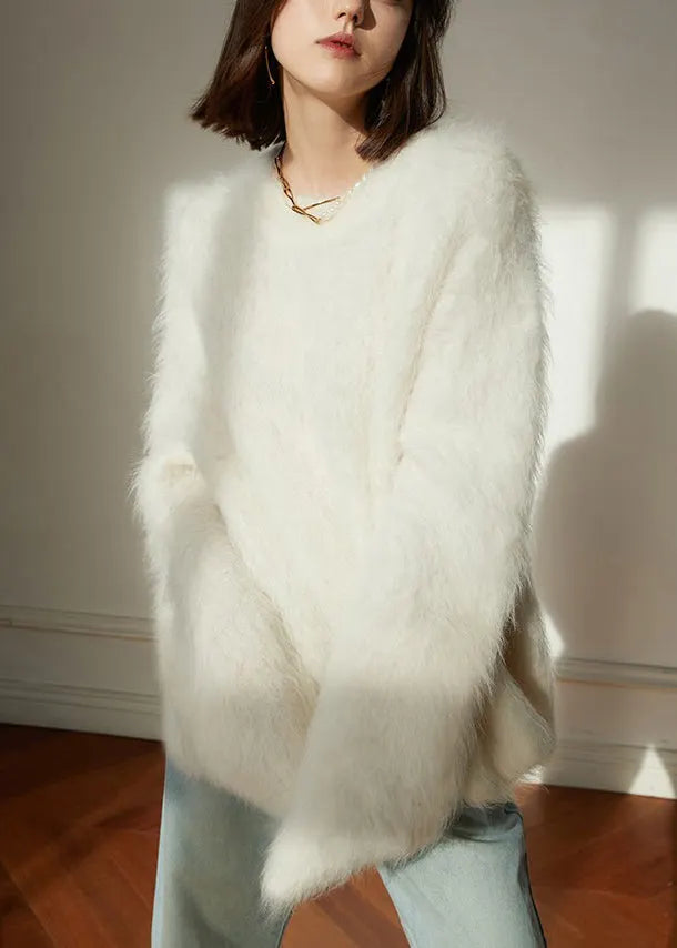 Natural White O-neck Cozy Woolen Knit Sweaters Winter
