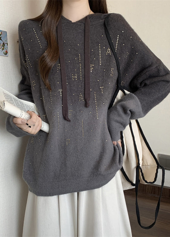 Grey Hooded Tie Dye Knit Pullover Sweatshirt Fall