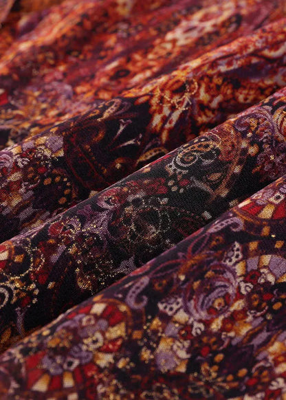 Brown Peter Pan Collar Print Button Silk Shirt Top Bracelet Sleeve
