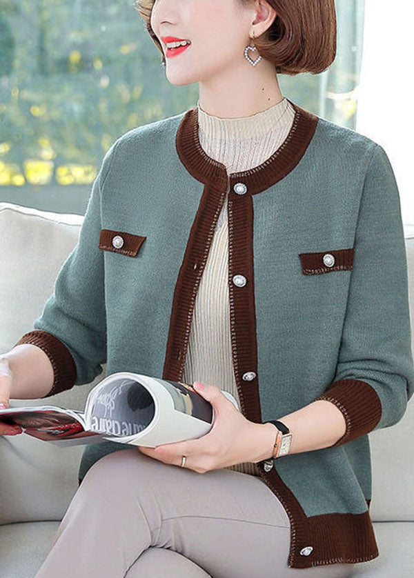 Stylish Orange O-neck Patchwork Pearl Button Knit Jackets Long Sleeve