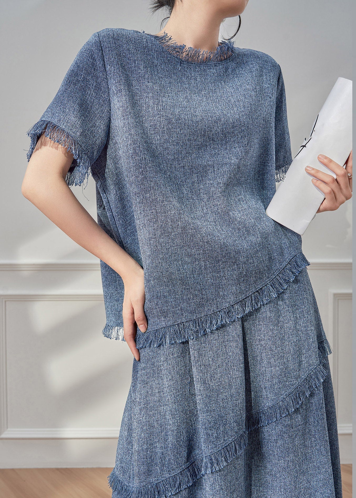 Blue Tassel Patchwork T Shirt and Maxi Skirts Two Pieces Set Short Sleeve