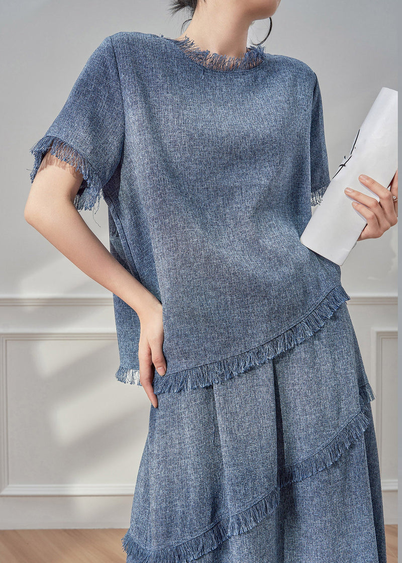 Blue Tassel Patchwork T Shirt and Maxi Skirts Two Pieces Set Short Sleeve