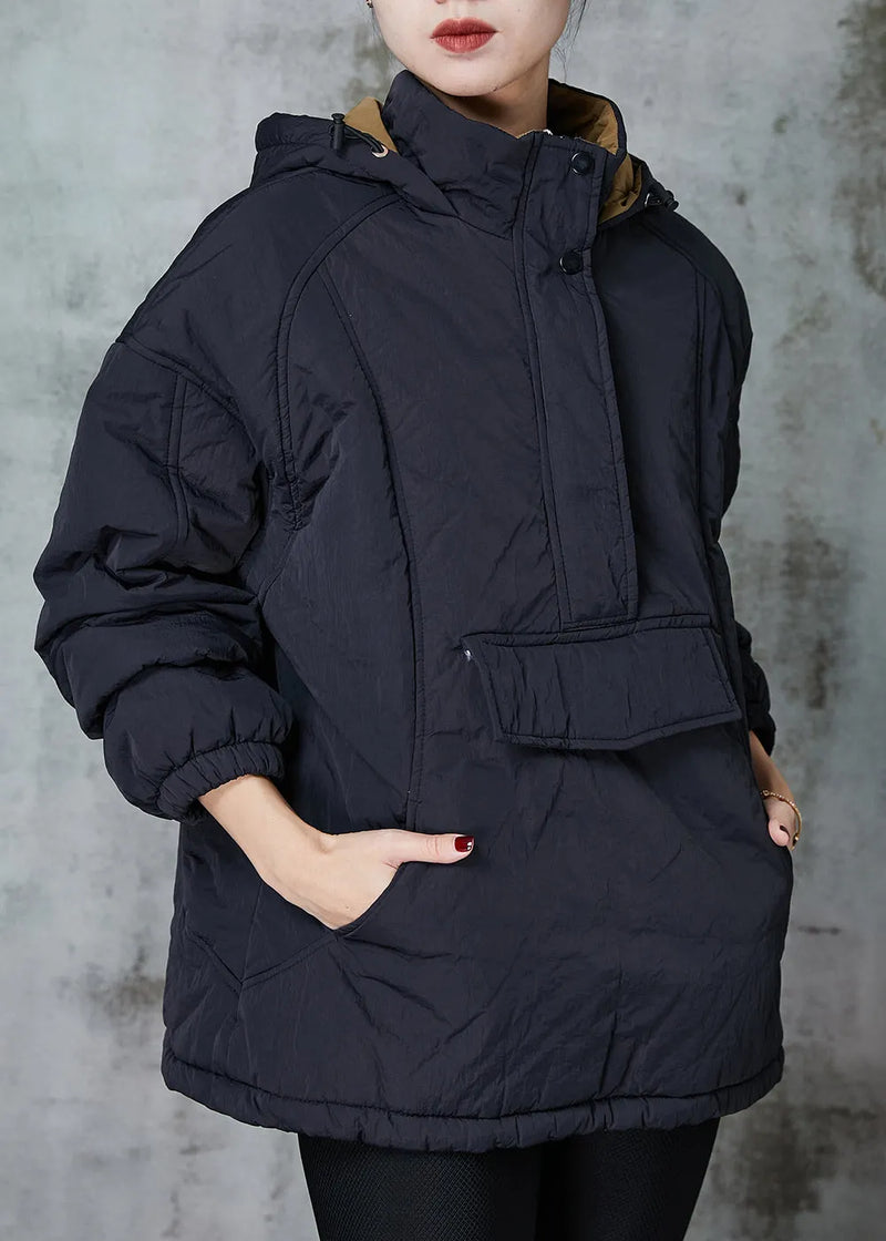 Black Patchwork Fine Cotton Filled Pullover Hooded Spring