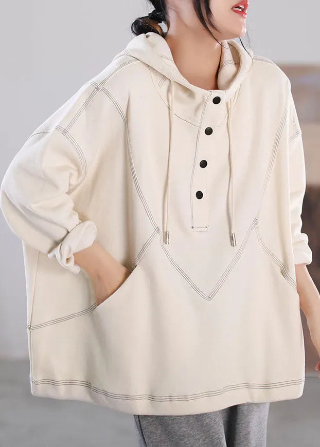 Beige Drawstring Hooded Cotton Pullover Long Sleeve