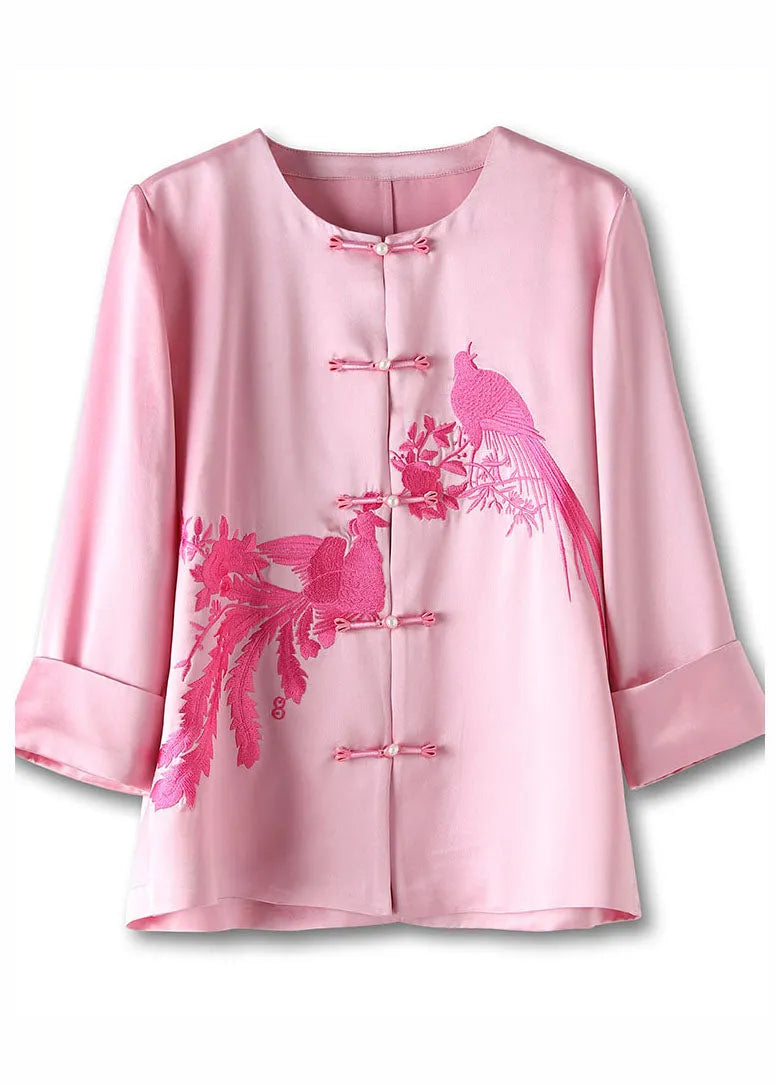 Classy Pink O-neck Embroideried Silk Top Long Sleeve